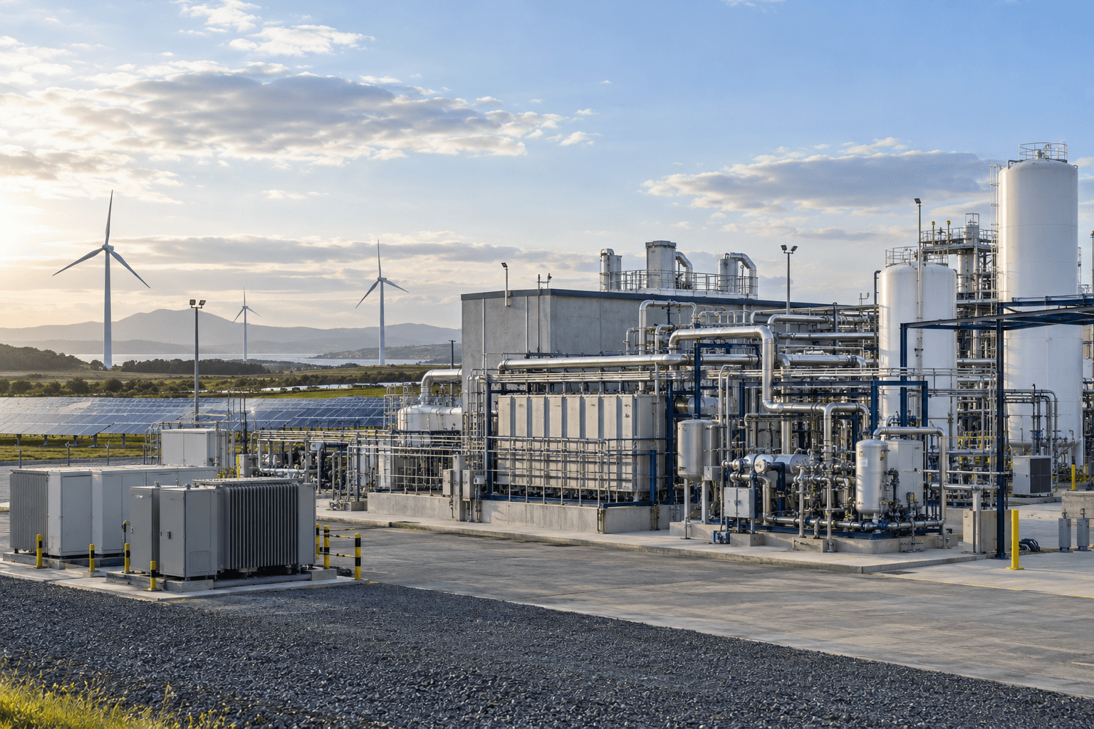 Renewable-powered hydrogen production infrastructure with industrial process equipment, solar panels and wind turbines.