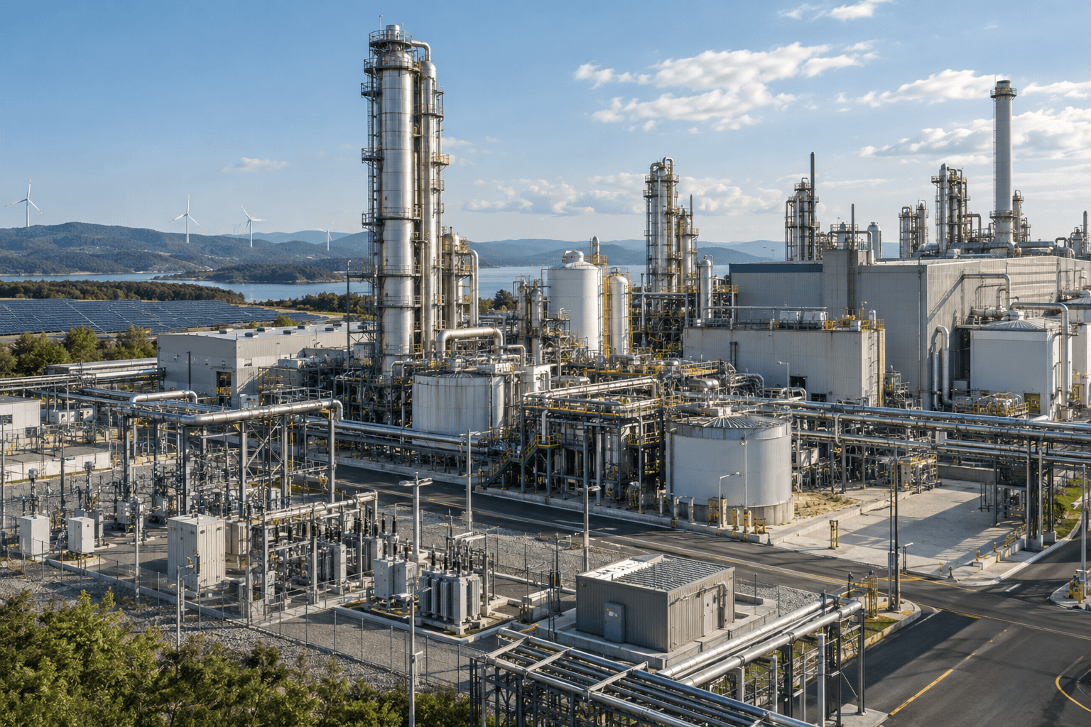 Modern industrial process facility with renewable-energy infrastructure in the surrounding landscape.