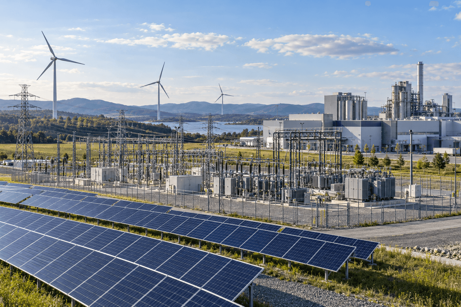 Solar panels, wind turbines and electrical infrastructure integrated with an industrial facility.